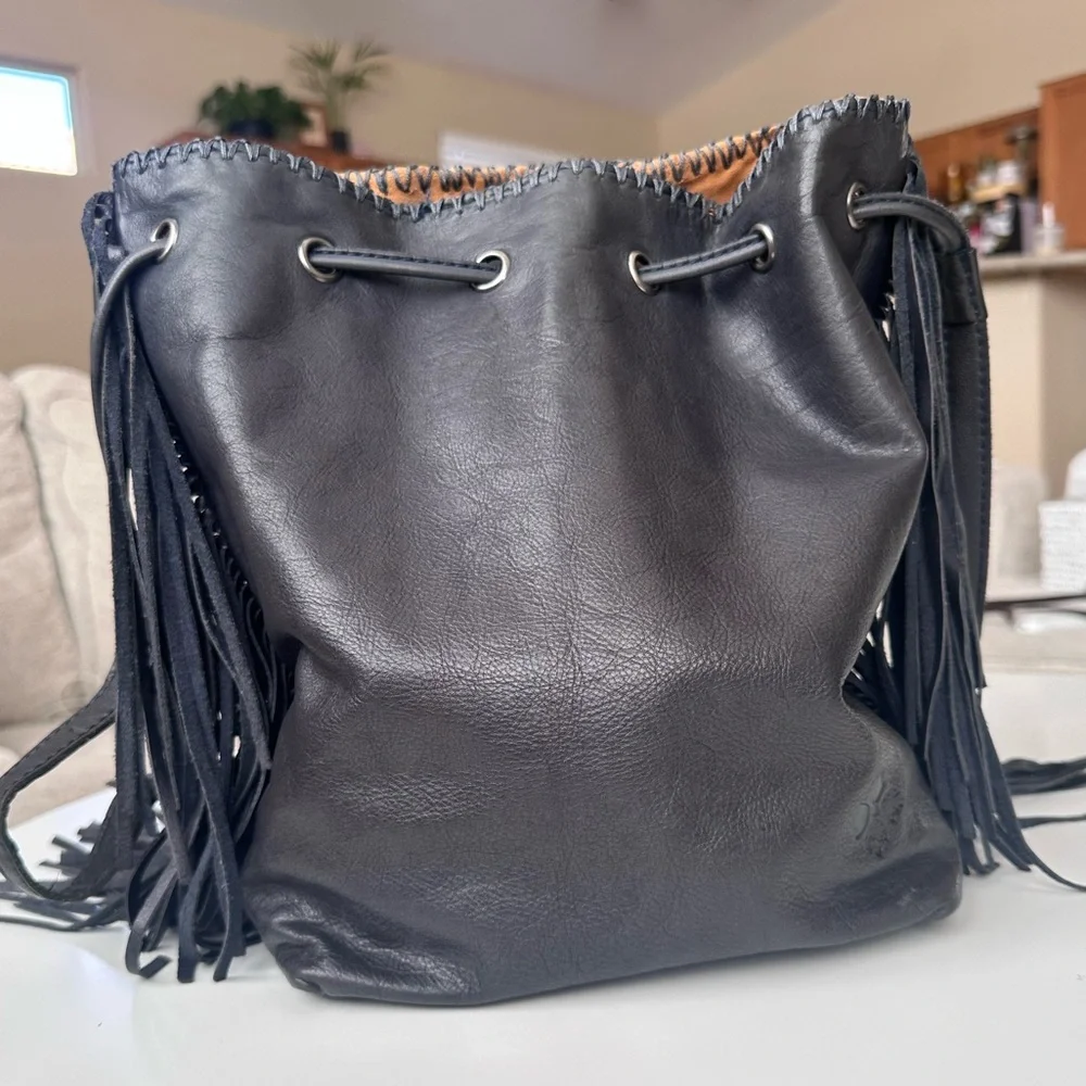 Patricia Nash Nicoletta Fringe Bucket Bag – Black Italian Leather - Picture 3 of 8